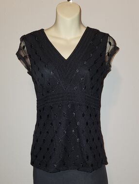 Alfani Black V-Neck Cap Sleeve Lacy Blouse